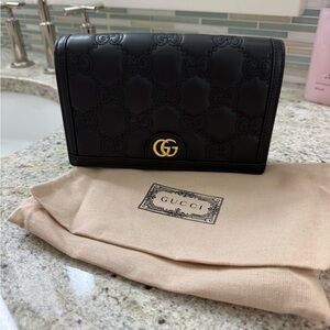 Gucci Black Embossed GG Leather Crossbody with Gold Double G